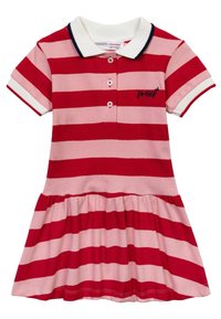 Lyhythihainen vaaleanpunainen ja punainen raidallinen polo-mekko, jossa on valkoinen kaulus, nappilista ja rinnassa brodeerattu "sweet".