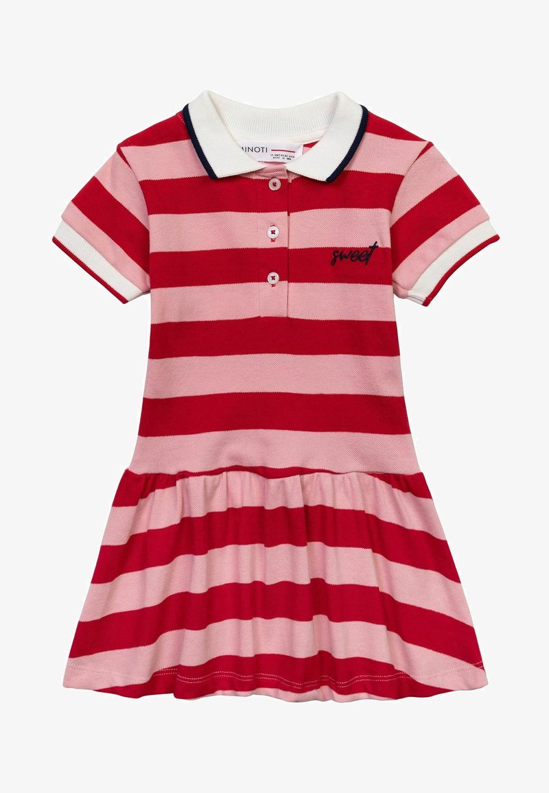 Lyhythihainen vaaleanpunainen ja punainen raidallinen polo-mekko, jossa on valkoinen kaulus, nappilista ja rinnassa brodeerattu "sweet".