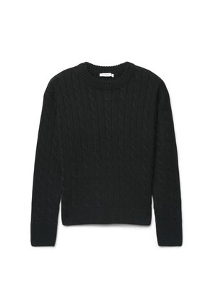 Maglione nero a trecce con maniche lunghe e collo tondo a coste, polsini e orlo, disteso su sfondo bianco.