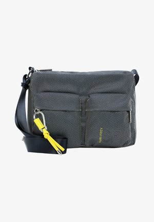 Textuur navy stoffen schoudertas met twee voorvakjes, gele accenten, een verstelbare schouderband en een ritssluiting. Voorzien van een merklogo-detail.