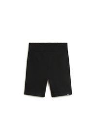 Svarta ribbade tyggshorts med bred linning, knälång design, slät textur och en liten logotypetikett nära fållen.