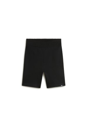 Black ribbed fabric shorts with a wide waistband, knee-length design, smooth texture, and small logo tag near the hem.
