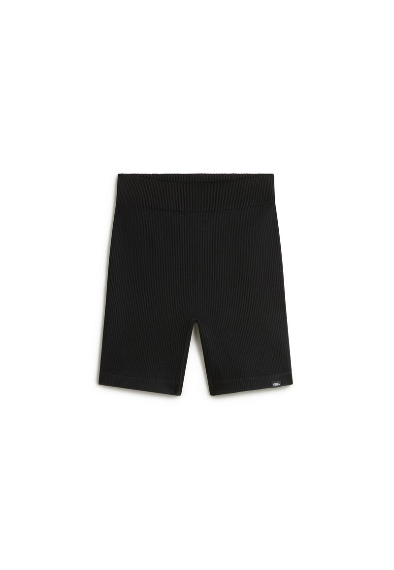 Svarta ribbade tyggshorts med bred linning, knälång design, slät textur och en liten logotypetikett nära fållen.
