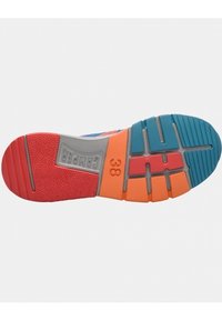 Sport shoe sole featuring a textured surface with red, blue, orange, and gray sections; includes size marking "38" and distinct tread patterns.