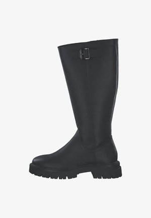 Bottes en caoutchouc noires montant aux genoux avec une finition texturée, un détail de boucle latérale et une semelle à crampons épaisse pour une meilleure adhérence.