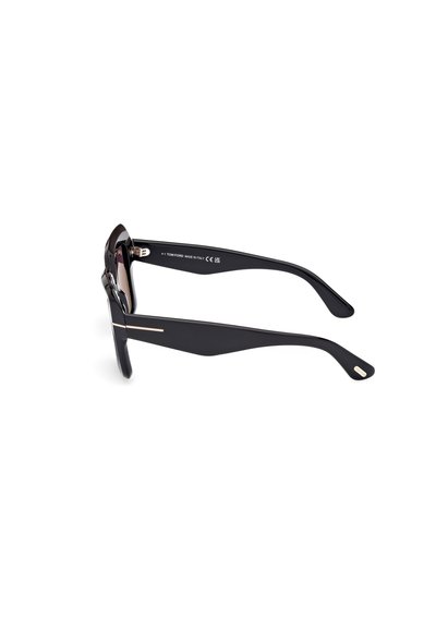 Schwarze Sonnenbrille mit glänzender Oberfläche, geometrischem Rahmen-Design, dicken Bügeln und minimalen goldenen Akzenten an den Schläfen. Hergestellt in Italien.