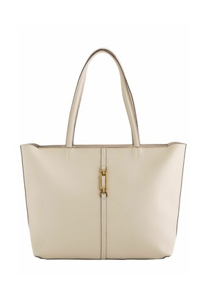 Beige Tote-Bag aus strukturiertem Leder mit glatten Kanten, zwei Griffen und einem goldenen Metallelement an der Vorderseite.