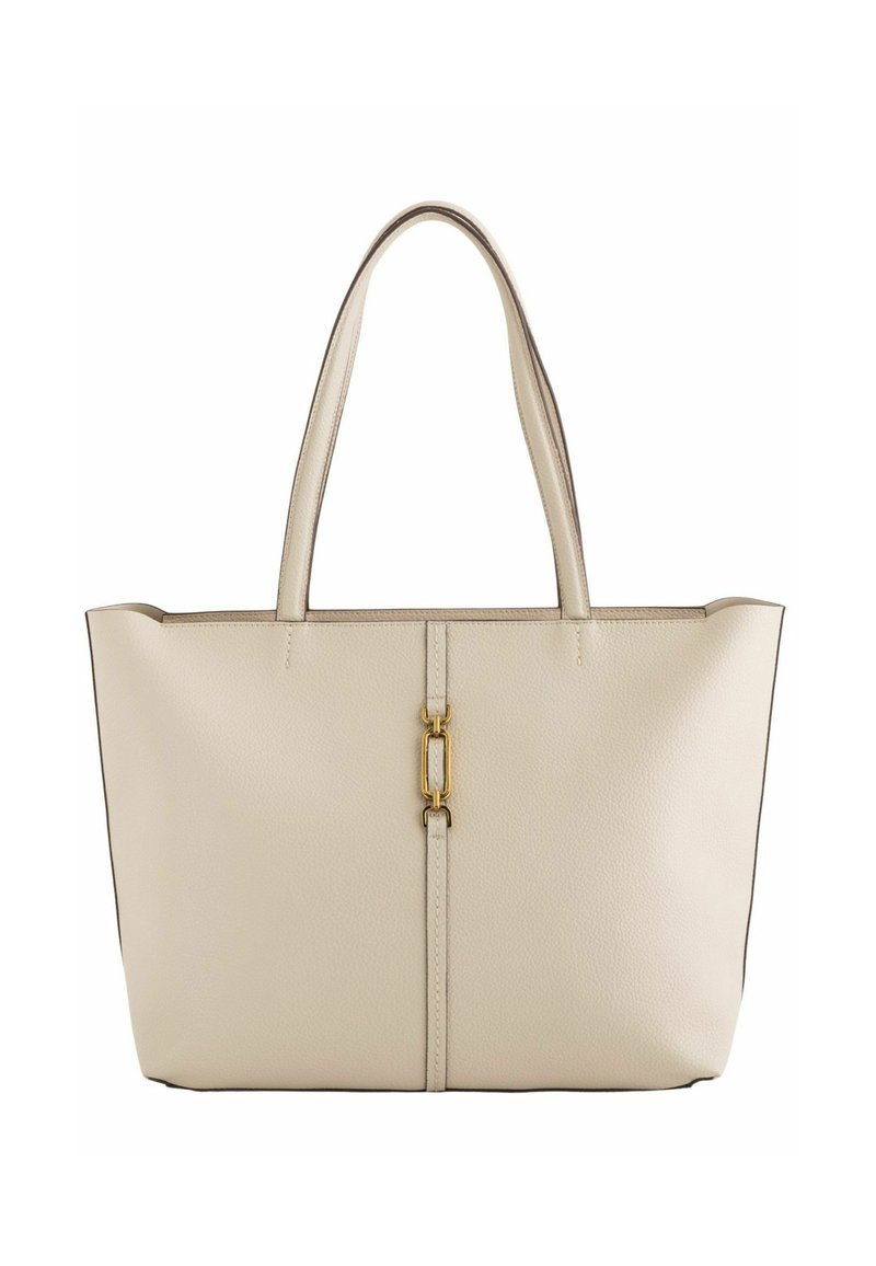 Beige tote bag made of textured leather with smooth edges, two handles, and a gold metal accent at the front.
