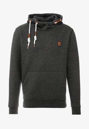 Sötét szürke kapucnis pulóver puha anyagból, kenguruzsebbels, állítható húzózsinórokkal, barna kiemelésekkel és egy kis logóval.