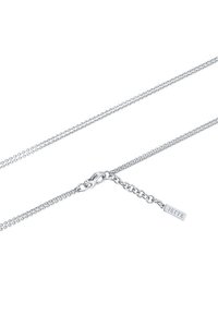 Collana in catena di metallo argento con due filamenti dal design testurizzato, un moschettone e un'etichetta accentuata incisa "JETTE."