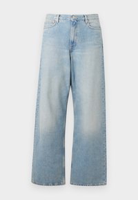 Light blue wide-leg jeans made from denim, featuring a high waist, front pockets, and a faded wash with subtle whiskering at the thighs.