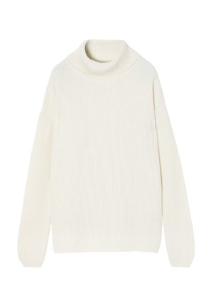 Jersey blanco de cuello alto con mangas largas y un ajuste relajado. Fabricado con una tela suave, presenta una textura gruesa y sin herrajes visibles.