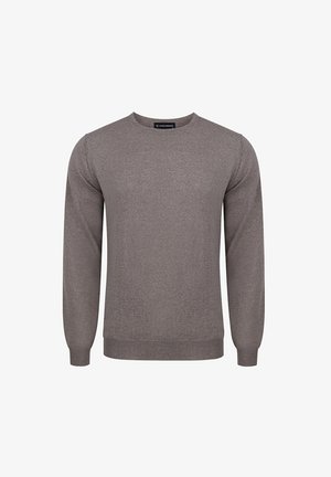 Szary sweter z długim rękawem, wykonany z miękkiego materiału, z okrągłym dekoltem i prążkowanymi mankietami. Prosty design bez widocznych wzorów czy akcentów.