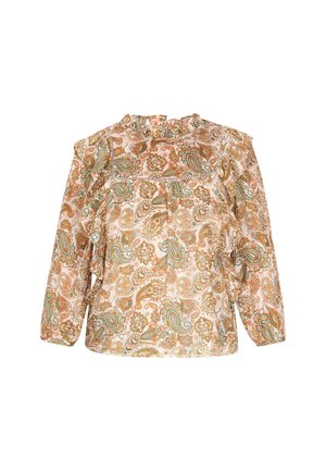 Blúzka s dlhým rukávom vyrobená z ľahkej, vzorovanej látky s kvetinovými a paisley motívmi v zemských odtieňoch oranžovej a zelenej, s volánom na výstrihu.