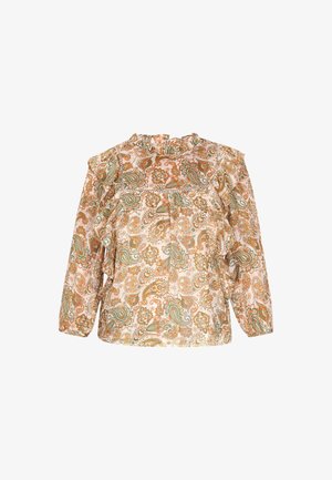 Blúzka s dlhým rukávom vyrobená z ľahkej, vzorovanej látky s kvetinovými a paisley motívmi v zemských odtieňoch oranžovej a zelenej, s volánom na výstrihu.
