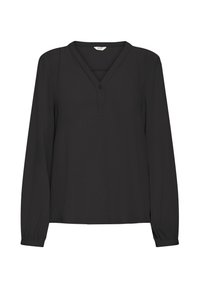 Langærmet sort blouse med V-udskæring, enkelt knapdetalje og let gathered manchetter, præsenteret på en hvid baggrund.