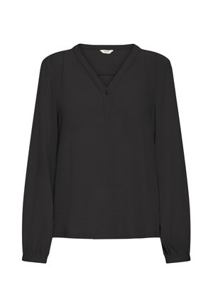 Ilga juoda bliuska su V formos iškirpte, vieno mygtuko detalėmis ir šiek tiek susirinkusiomis rankovėmis, eksponuojama ant baltos fono.