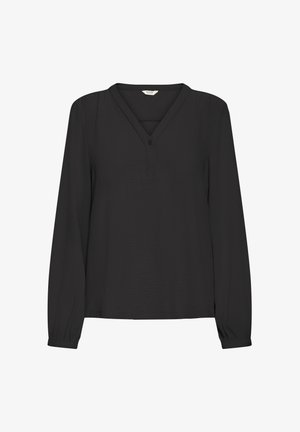Blouse noire à manches longues avec décolleté en V, détail de bouton unique et poignets légèrement froncés, présentée sur un fond blanc.