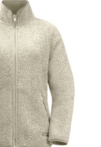 Hellbeige Fleecejacke mit hohem Kragen, durchgehendem Reißverschluss und strukturierten Oberflächen. Verfügt über Seitentaschen und elastische Bündchen.
