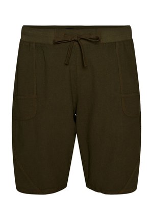 Dunkelgrüne Freizeithose mit elastischem Bund, Kordelzug und zwei aufgesetzten Fronttaschen.