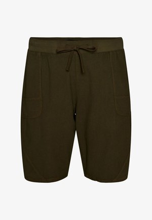 Pantalones cortos casuales de color verde oscuro con cintura elástica, cordón ajustable y dos bolsillos parche delanteros.