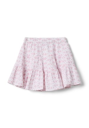Weißer Stufenrock mit rosa Blumenmuster und elastischem Bund, flach auf weißem Hintergrund liegend.