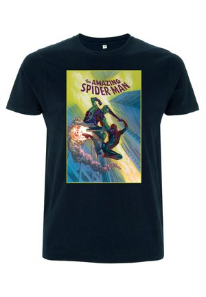 Černé bavlněné tričko s barevným komiksovým grafickým motivem Spider-Mana a Zeleného goblina na živé zelené, žluté a modré pozadí.