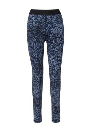 Legginsy w niebieski wzór panterki, wykonane z elastycznego materiału, z czarnym pasem w talii z wytłoczonym logo. Gładka tekstura i dopasowany krój.
