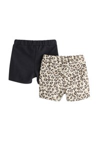 Sæt af to par shorts: et i ensfarvet sort og et andet i beige med et brunt leopardprint; begge med elastisk talje og blødt stof.