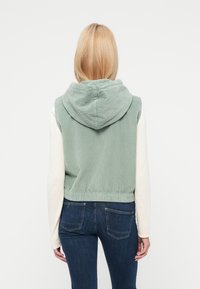 Ξανθός/ιά που φορά έναν ανοιχτό πράσινο αμάνικο γιλέκο με κουκούλα πάνω από ένα λευκό πουκάμισο με μακριά μανίκια και σκούρο μπλε τζιν, γυρισμένος/η προς την κάμερα με την πλάτη.