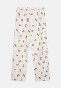 Pantaloni pigiama in cotone con elastico in vita, caratterizzati da un motivo ripetuto di orsetti e piccoli cuori blu su sfondo bianco.