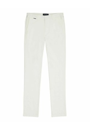 Pantalons slim fit blancs en coton. Dotés de deux poches latérales et d'une ceinture, avec une texture lisse et un design minimaliste.