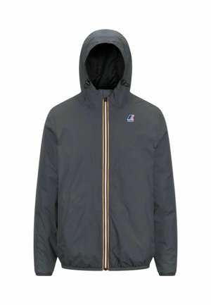 Veste à capuche grise avec fermeture éclair à l'avant, présentant une bande colorée au centre et un logo sur la poitrine gauche. Matériau lisse et léger.