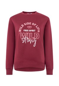 Bordeauxrotes Sweatshirt mit langen Ärmeln, einem Rundhalsausschnitt und dekorativem weißen Text "WILD SIDE OF LIFE" und "FREE SPIRIT" in verschiedenen Schriftarten.
