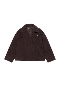 Bruine suede motorjack met een brede revers, zilveren drukknoopjes en twee voorzakken. Beschikt over een relaxte pasvorm en een gladde textuur.