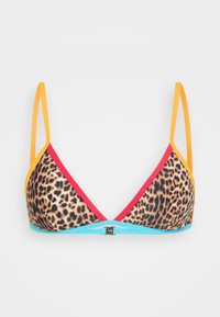 Leopardprint driehoek bikini top met opvallende banden in geel, rood en blauw. Voorzien van een stevige sluiting aan de onderkant in het midden.
