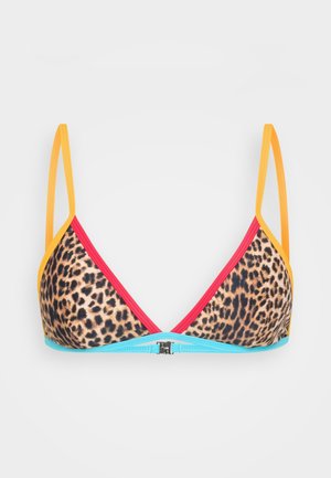 Dreiecktop-Bikini in Leopardenmuster mit lebhaften Riemen in Gelb, Rot und Blau. Verfügt über einen sicheren Verschluss in der Mitte unten.