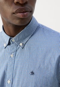 Close-up of a man wearing a blue and white checkered buttoned shirt with a small embroidered logo on the chest.