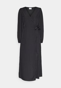 Svart omlottklänning i slät tyg, med långa puffärmar, V-ringning och detalj med knytning i midjan, samt knälång fåll.