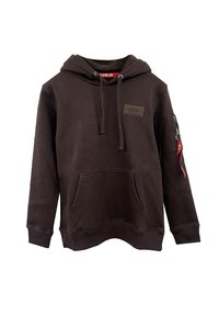 Sudadera marrón de mezcla de algodón, con un bolsillo frontal, capucha con cordones y bolsillo con cremallera en la manga con detalle de etiqueta roja.