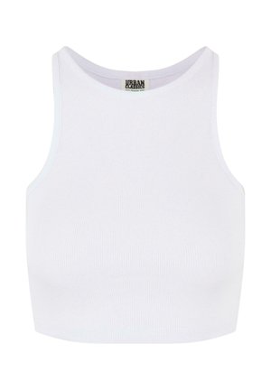 White ribbed crop tank top with wide shoulder straps and a round neckline. Features a soft texture and minimalistic design with no patterns.