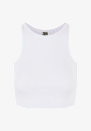 Top corto blanco de canalé con tirantes anchos y escote redondo. Presenta una textura suave y un diseño minimalista sin patrones.