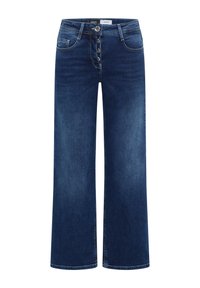 Tummansinisiä leveälahkeisia farkkuja, joissa on nappisuljenta, etutaskut, vyölenkit ja haalistumat reiden alueilla.