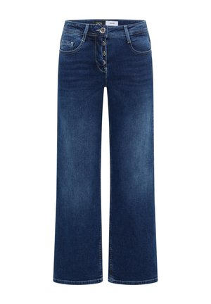 Jeans taille haute bleu foncé à jambes larges avec fermeture à boutons, poches avant, passants de ceinture et détails décolorés aux niveaux des cuisses.