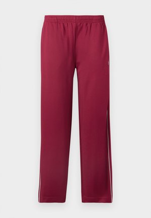 Burgundy athletic pants with an elastic waistband, straight leg design, and white side stripes. Made from smooth, lightweight fabric.