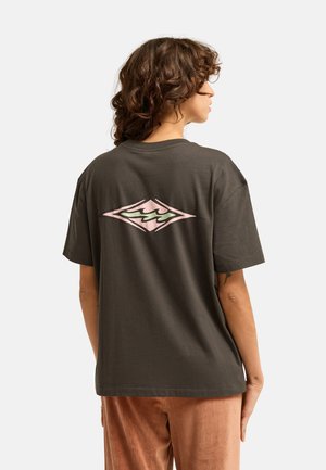 Personne aux cheveux bruns bouclés vue de profil portant un t-shirt gris foncé avec un logo vague rose et vert dans le dos et un pantalon marron clair.