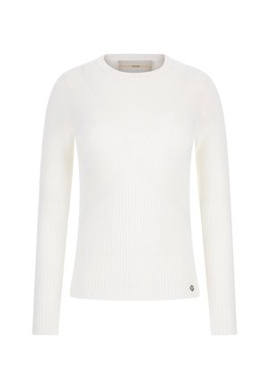 Camiseta blanca de manga larga con textura acanalada, que presenta un escote redondo y un patrón geométrico. Detalle de logo pequeño en el dobladillo.