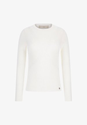 Camiseta blanca de manga larga con textura acanalada, que presenta un escote redondo y un patrón geométrico. Detalle de logo pequeño en el dobladillo.