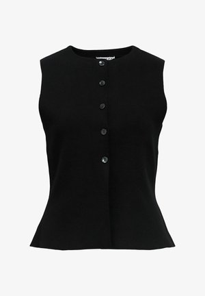 Schwarzes ärmelloses Oberteil aus Strickstoff mit rundem Halsausschnitt, vorderem Knopfverschluss mit fünf Knöpfen und einem weit ausgestellten unteren Saum.