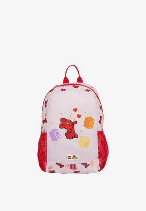 Petit sac à dos pour enfants rose et rouge avec un lapin rouge de dessin animé, des blocs de construction colorés et des poches latérales en filet.